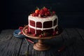 A decadent red velvet cake presented in professional photography