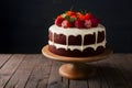 A decadent red velvet cake presented in professional photography