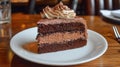 A decadent slice of chocolate cake with rich frosting on a white plate Royalty Free Stock Photo
