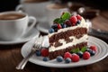 Decadent Chocolate Cake Slice with Fresh Berries and Coffee Royalty Free Stock Photo