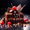 Decadent slice of chocolate cake topped with luscious cherries, drizzled with rich chocolate sauce. For dessert recipes