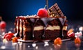 Decadent slice of chocolate cake topped with luscious cherries, drizzled with rich chocolate sauce. For dessert recipes