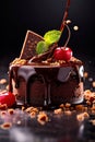 Decadent slice of chocolate cake topped with luscious cherries, drizzled with rich chocolate sauce. For dessert recipes