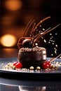 Decadent slice of chocolate cake topped with luscious cherries, drizzled with rich chocolate sauce. For dessert recipes