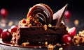 Decadent slice of chocolate cake topped with luscious cherries, drizzled with rich chocolate sauce. For dessert recipes