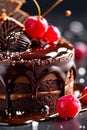 Decadent slice of chocolate cake topped with luscious cherries, drizzled with rich chocolate sauce. For dessert recipes