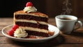A decadent slice of chocolate layer cake, adorned with whipped cream and raspberries, served alongside a steaming cup of coffee on Royalty Free Stock Photo