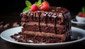 A decadent slice of homemade chocolate cake with fresh strawberries generated by AI