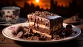 A decadent slice of homemade chocolate cake on a plate generated by AI Royalty Free Stock Photo