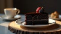 A decadent slice of rich chocolate layer cake, adorned with fresh berries, sits elegantly on a white plate, accompanied by a cup Royalty Free Stock Photo