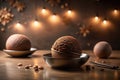A decadent sphere of chocolate ice cream rests in a dark bowl, illuminated by warm string lights, creating a rich and inviting Royalty Free Stock Photo