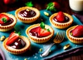 Ai Generative Decadent Strawberry Custard Tarts in a Set of Various Mini Tartlets and Cakes Royalty Free Stock Photo