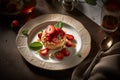 Decadent strawberry shortcake with Whipped Cream a on modern Italian ceramic plate, generative AI