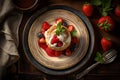 Decadent strawberry shortcake with Whipped Cream on modern Italian ceramic plate, generative AI