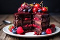 decadent vegan chocolate cake topped with red fruits