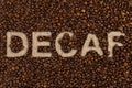 Decaf concept written on coffee beans Royalty Free Stock Photo