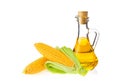 Decanter with farm organic vegetable oil and pair juicy corn cob, on white background.