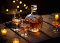 Decanter with glasses of cognac brandy on table on dark background.Macro.AI Generative