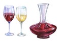 Decanter, glasses of red and white wine. Royalty Free Stock Photo
