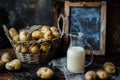 decanter of potato milk and fresh potatoes in a basket. Board for inscription or recipe. Dark background. Alternative vegan drink