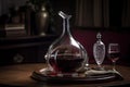 a decanter with ruby red wine, a touch of class and elegance