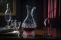 a decanter with ruby red wine, a touch of class and elegance