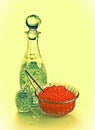 Decanter and shot glass of vodka and vase with red caviar, a vintage Royalty Free Stock Photo