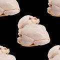 Decapitated peeled chicken carcass for frying close-up on the table in the kitchen. Isolated on black. Seamless texture