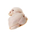 Decapitated peeled chicken carcass for frying close-up on a white background