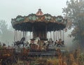 Decaying carousel in misty field rusted paint spooky vibe Royalty Free Stock Photo