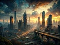 A decaying cyberpunk megacity skyline at dusk