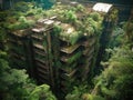 Megacorp skyscraper in ruins overtaken by nature Royalty Free Stock Photo