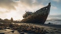 Decaying Ship On Beach: Stunning 8k Resolution With Vray Tracing Royalty Free Stock Photo