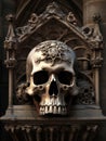 A decaying skull surrounded by Gothic arches a hint at forgotten secrets. Gothic art. AI generation