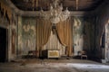 decaying theater stage with torn curtains and chandelier