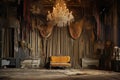 decaying theater stage with torn curtains and chandelier