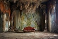 decaying theater stage with torn curtains and chandelier