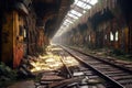 decaying train station platform with rusty tracks Royalty Free Stock Photo