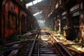 decaying train station platform with rusty tracks Royalty Free Stock Photo