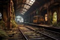 decaying train station platform with rusty tracks Royalty Free Stock Photo
