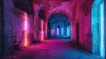 The decaying walls of a castle now serving as the canvas for a mesmerizing neon art installation