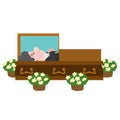 Deceased lying in a coffin. Cartoon characters