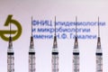 December 4, 2020, Brazil. In this photo illustration various medical syringes is seen with Gamaleya Research Institute of Royalty Free Stock Photo