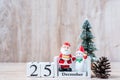 25 December calendar with Christmas decoration, snowman, Santa claus and pine tree  on wooden table background, preparation for Royalty Free Stock Photo