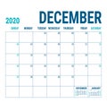 December 2020. Calendar planner. English calender template. Vector square grid. Office business planning. Creative design. Blue Royalty Free Stock Photo