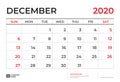 DECEMBER 2020 Calendar template, Desk calendar layout  Size 9.5 x 6.5 inch, planner design, week starts on sunday, stationery Royalty Free Stock Photo