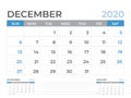 December 2020 Calendar template, Desk calendar layout  Size 8 x 6 inch, planner design, week starts on sunday, stationery design Royalty Free Stock Photo