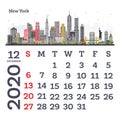 December 2020 Calendar Template with New York City Skyline