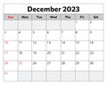 December 2023 calendar. Vector illustration. Monthly planning for your business