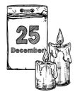 December 25 calendar vector sketch icon. Christmas 25 December date. Wall calendar with torn sheets on Christmas day Royalty Free Stock Photo